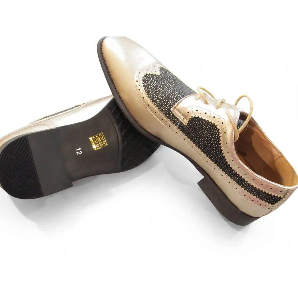 Majestic Mens 12 Gold Black Stingray Wingtip Oxford Dress Shoes NIB 99622